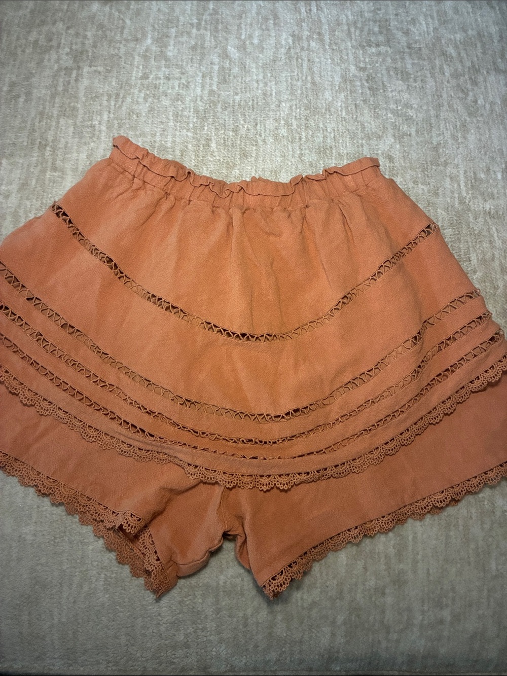 Pink Lily Rust Lace-Trim Elastic Waist Shorts